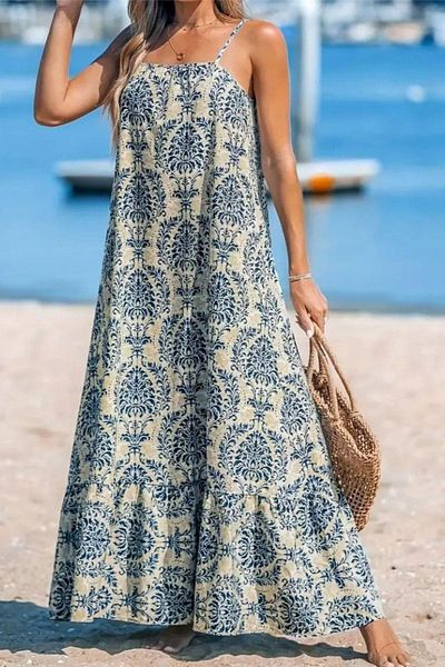 Mossta Patterned Long Single Jersey Dress with Rope Strap - Blue