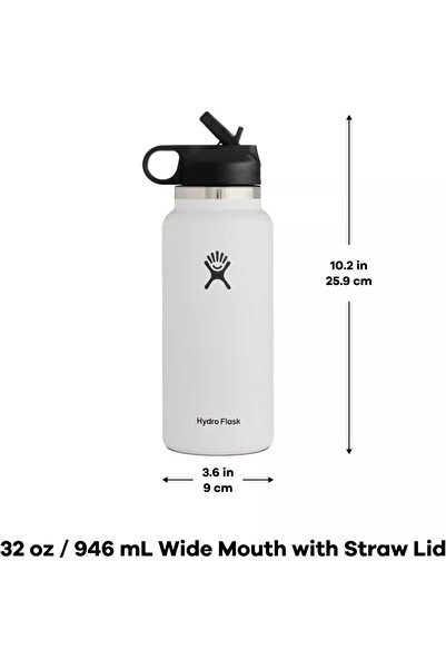 Yelajoy 32oz Wide Mouth w/ Straw Lid Sport Water Bottle,Stainless Steel,Wider Open for Faster Fill,White