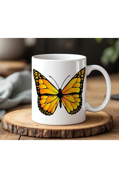 BB TRADE White Ceramic Printed Mug with Yellow Butterfly Design 330ml