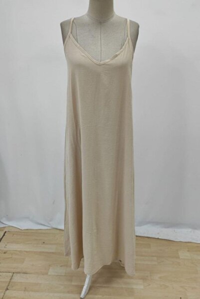 Mossta Deep V-Neck Long Aerobin Dress with Rope Strap - Beige