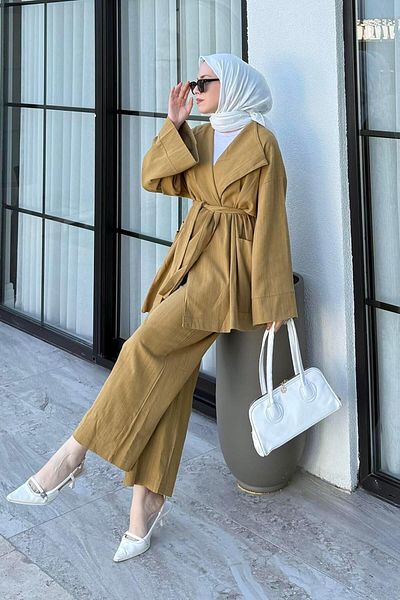 lamelif Σετ Κιμονό Hijab Oil Green