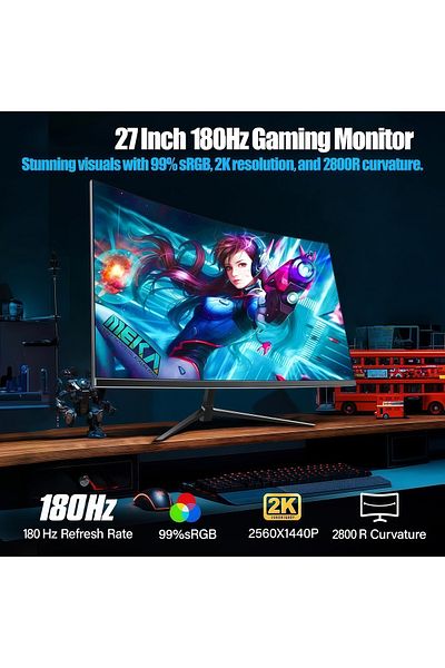 FlashHawk شاشة منحنية مقاس 27 بوصة، 180 هرتز، QHD 1440 بكسل، HDR، 99% sRGB، 2800R، متوافقة مع VESA، للكمبيوتر اللوحي/الكمبيوتر المكتبي/PS4