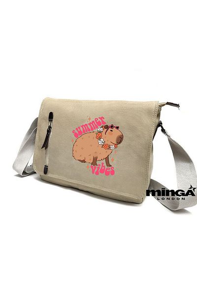 Minga London Beige Capybara Summer Vibes Printed Messenger Bag -Mingalondon