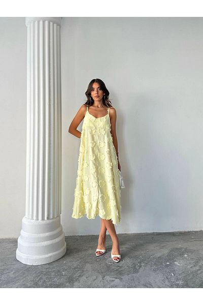 BE CHİC Women's V-Necklace Strap Tassel Detailed Linen Look Loose Casual Casual Dress Sg4711