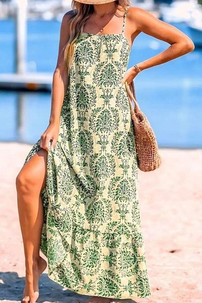 Mossta Patterned Long Single Jersey Dress with Rope Strap - Green