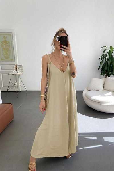 Mossta Deep V-Neck Long Aerobin Dress with Rope Strap - Beige