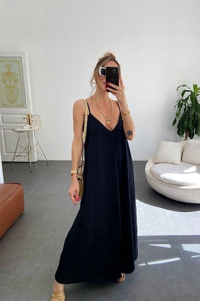 Mossta Deep V-Neck Long Aerobin Dress with Rope Straps - Black