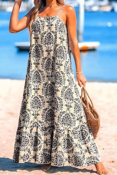 Mossta Patterned Long Single Jersey Dress with Rope Strap - Navy Blue