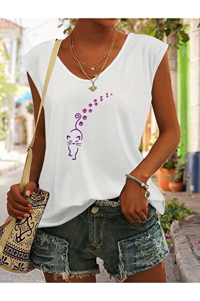 FUFLUNS تي شيرت نسائي بدون أكمام مطبوع عليه CAT