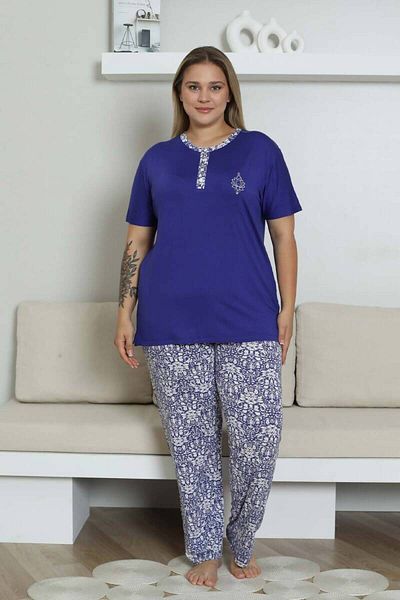 ALİMER Σετ πιτζάμες σε μεγάλο μέγεθος - Saks Blue Ethnic Print κοντομάνικο Lycra Rink Viscose 2865KYB