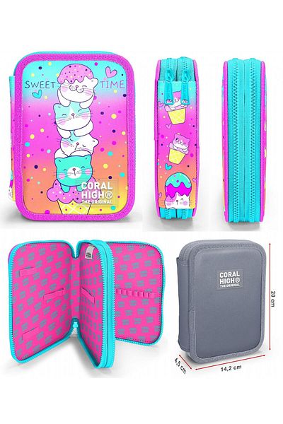 Coral High Green Pink Ice Cream and Cats Girl's School Bag and Organizer Pen Holder Set 23648+1
