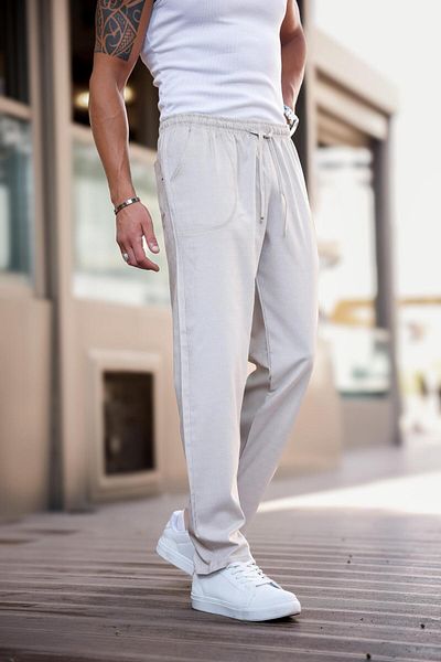 hello7 Men's Black Elastic Waist Lace up Straight Leg Lycra Comfortable Fit Loose Cut Trousers