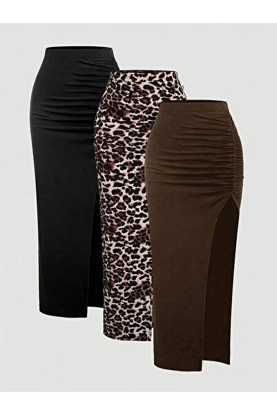 NoVibe Set de 3 fuste leopard negru cafea cu talie înaltă pentru femei