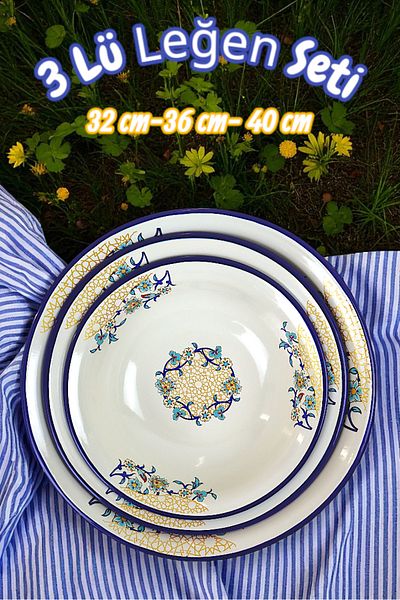 İnci Emaye 32 Cm-36 Cm-40 cm 3-Piece Enamel Basin Whisk and Mixing Bowl, Dough Basin, Fruit Bowl, Dowry, Gift,