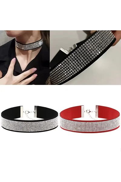 Belora Sparkling Choker with Crystals, Red or Black Leather