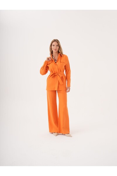 SERPİL Kuşaklı Düz Form Keten Ceket