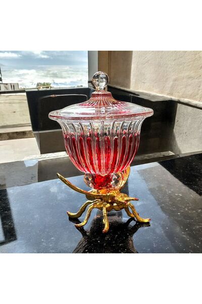 Diamond Porselen Altın Arı Figürlü Ayaklı Cam Şekerlik – Kırmızı Geçişli Kapa...