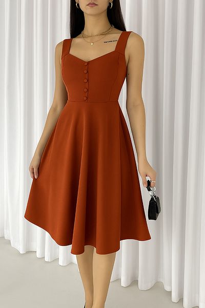 Deafox Tile Imported Crepe Fabric Thick Strap Button Detailed Dress