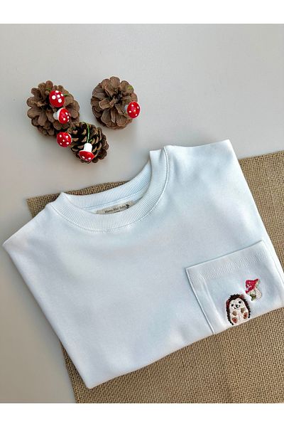 Mama Miel Baby Hedgehog Embroidered Pocket Oversize T-Shirt White - 100% Cotton