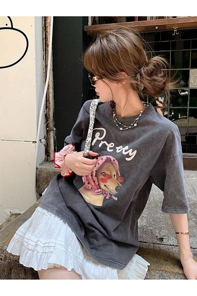Touz Moda Tricou oversize unisex vintage cu imprimeu retro Y2k spălat