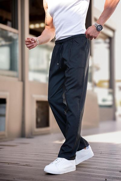 hello7 Men's Black Elastic Waist Lace up Straight Leg Lycra Comfortable Fit Loose Cut Trousers