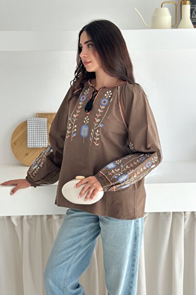 FEMELLE Women's Brown Bohemian Ethnic Pattern Embroidery Embroidered Cotton Blouse
