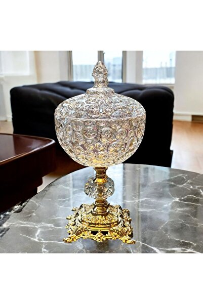 Diamond Porselen Altın Tabanlı Kristal Cam Ayaklı Şekerlik – Kapaklı Büyük Bo...
