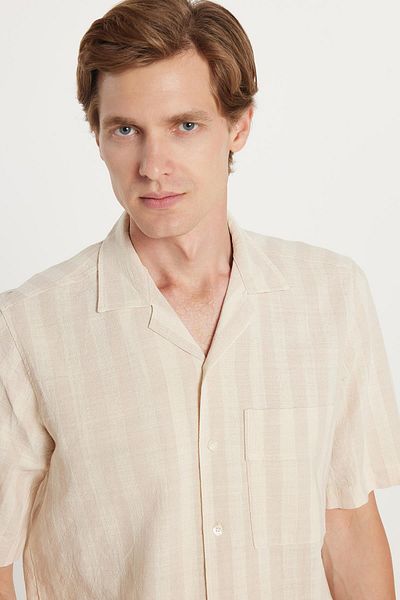 Tudors Men's Regular Fit Classic Cut Short Sleeve Apaş Collar Striped Pocket 100% Cotton Shirt
