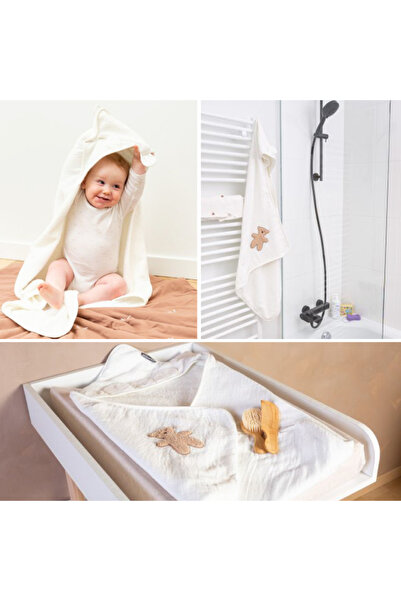 CHILDHOME Hooded towel and bath mitten 80x80 cm, Muslin/Terry Teddy