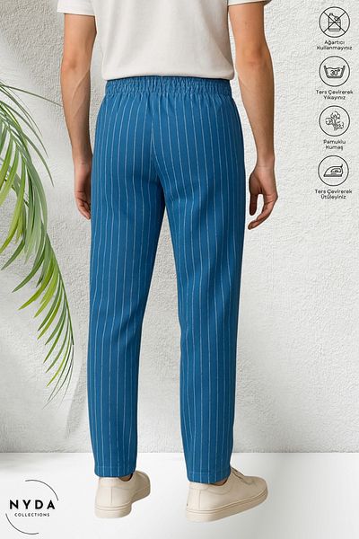 Nyda Collections Men's Crepe Fabric Striped Seasonal Pocket Elastic Waist Lace-Up Trousers