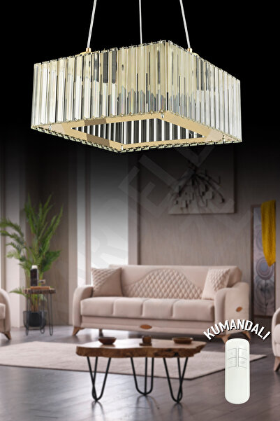 Kraliçe Kare Zambak Gold 3 Lü 36 cm Kumandalı Lüx Modern Taşlı avize