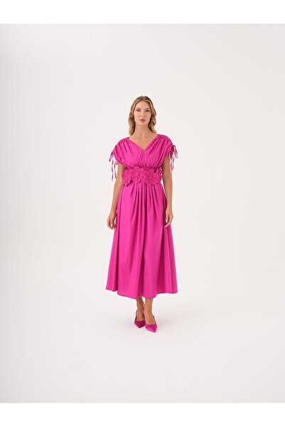 SERPİL Kadın Bel Detaylı Kısa Kollu Elbise – Çiçek Aplikeli, Büzgü ve Bağcık ...