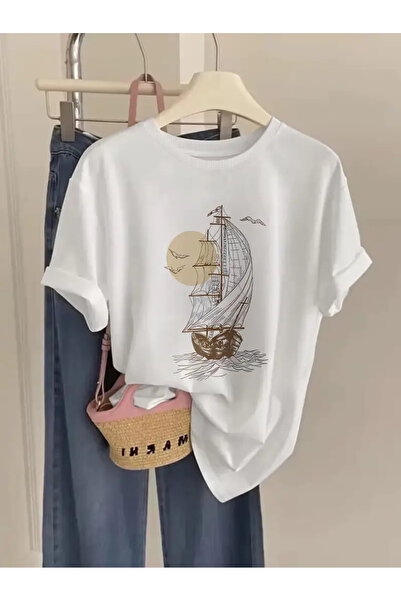 İSMTEXS Sıfır Yaka Ünisex Basik Kısa Kol Yelkenli Temalı Baskılı Penye T-Shirt