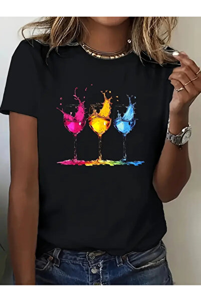 İSMTEXS تي شيرت من القطن الممشط مطبوع عليه زجاج الشمبانيا بأكمام قصيرة للجنسي...