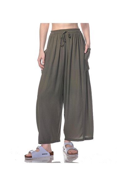 Appleline Women's Khaki Color Bohemian Viscose Loose Trousers