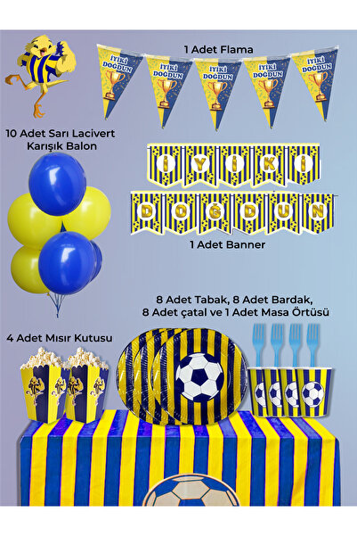 PartyPoo Yellow Navy Blue Fan Themed Birthday Party Set Supplies for 8 People...