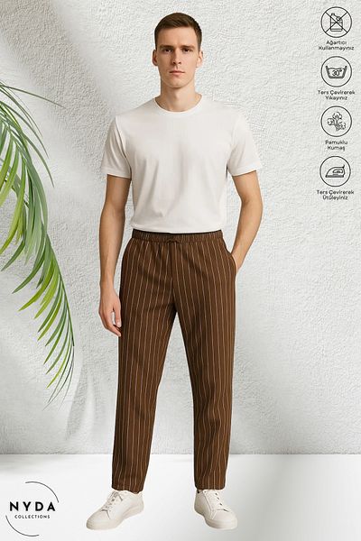 Nyda Collections Men's Crepe Fabric Striped Seasonal Pocket Elastic Waist Lace-Up Trousers