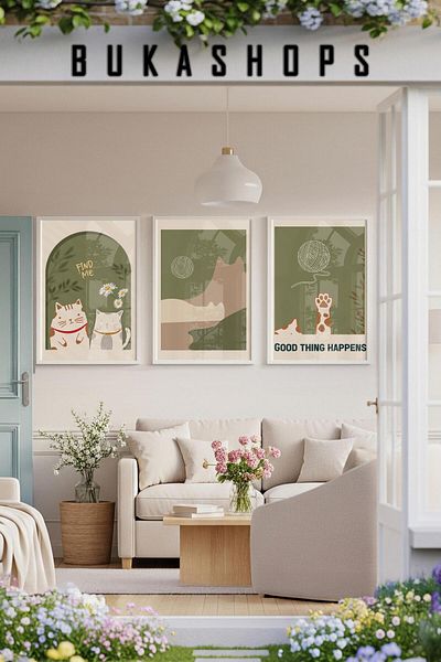 Buka Shops Set de 3 picturi murale minimaliste pisici și peisaj - cadru alb