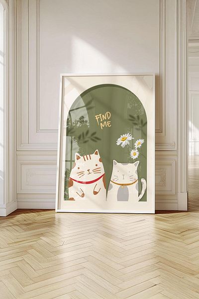 Buka Shops Set de 3 picturi murale minimaliste pisici și peisaj - cadru alb