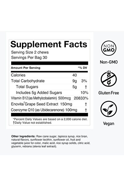Humann حلوى سوبرجريبس للمضغ - ١٠٠ ملغ من إنزيم كيو ١٠ ومستخلص بذور العنب - بنكهة العنب، ٦٠ قطعة