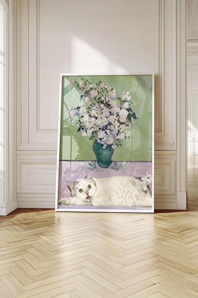 Buka Shops Van Gogh Güller ve Kedi Sanat Tablosu - Beyaz Çerçeveli