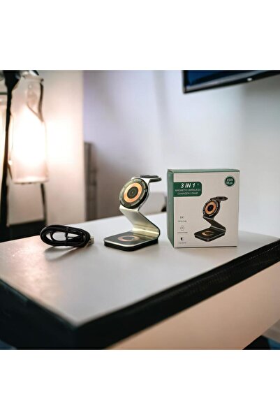 VRSmarty Statie de incarcare 3 in 1 QI Fast Charge 15W, Portabil, Suport telefon, Compatibil iPhone, Grey