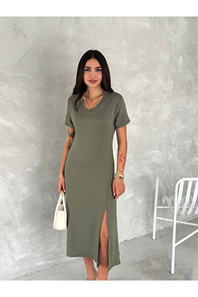 MODA MODAL KUMAŞ ÖN YIRTMAÇ DETAYLI ELBİSE