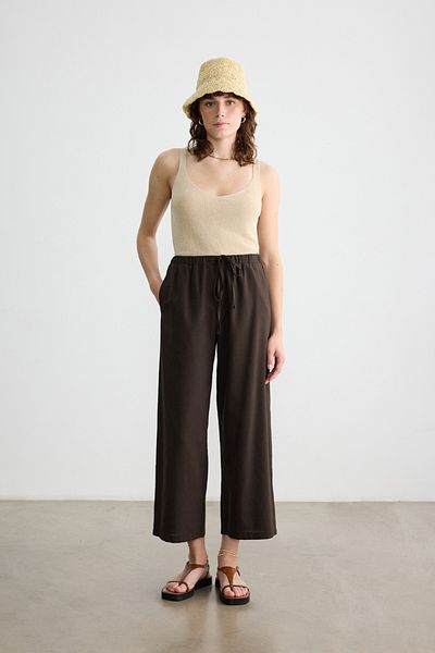 BE BLUE Chocolate Straight Cut Cotton Linen Pants