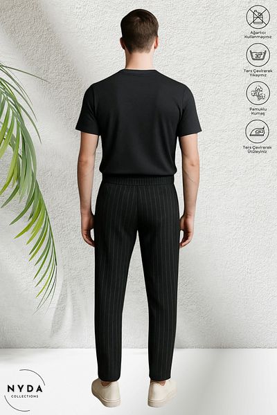 Nyda Collections Men's Crepe Fabric Striped Seasonal Pocket Elastic Waist Lace-Up Trousers