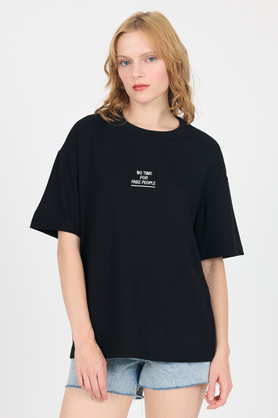 Rays Black Soft Textured Text Printed Oversize T-Shirt 6265
