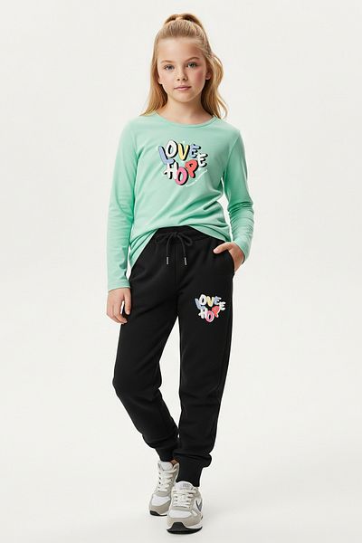 FYK KİDS Round Neck Love Printed Girl's Bottom-Up Set