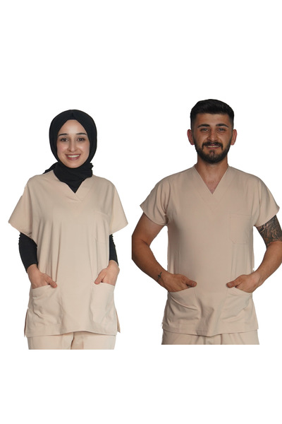 Marka LİKRALI UNİSEX HEMŞİRE VE DOKTOR TEK ÜST ÜNİFORMA BEJ
