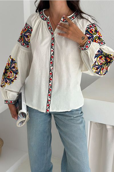FEMELLE Cămașă din bumbac brodat cu broderie florală cu mâneci balon cu nasturi albe pentru femei