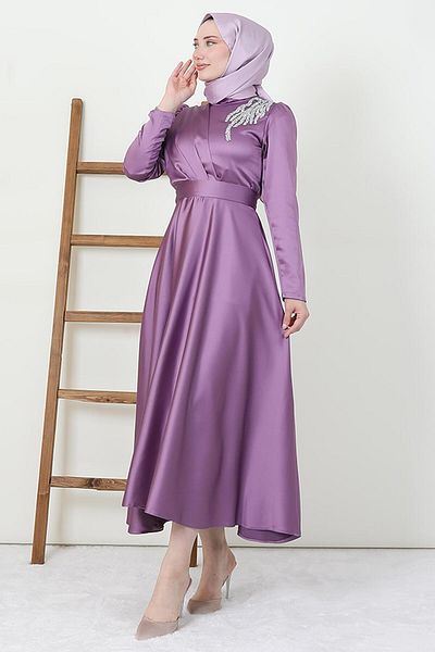 GİYZAMİLA Stoned Satin Evening Dress Lilac
